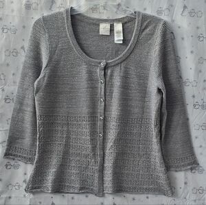 Emma James Texture Knit Pattern Shimmering Metallic Thread Button Front Cardigan